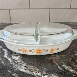 Vintage PYREX Glass Divided Casserole Dish with Lid - Orange Floral Design